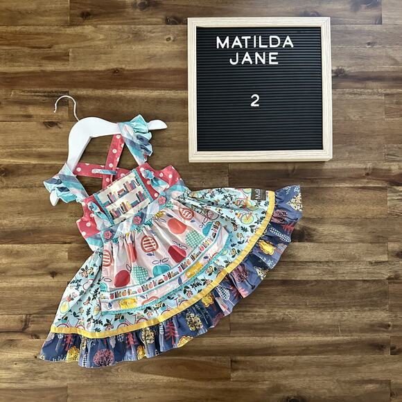 Matilda Jane Wonderment Bike Path Knot Dress Sleeveless Blue Pink Green Apple 2 - Picture 1 of 9